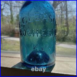 IRON PONTIL PRETTY BLUE F. GLEASON ROCHESTER N. Y 1850s LONG NECK SODA BOTTLE NICE