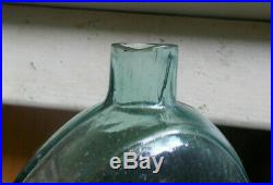 LANCASTER GLASS WORKS NY IRON PONTIL GIII-16 AQUA 1830s CORNUCOPIA FLASK SCARCE