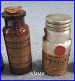 LOT of 11 Antique Pharmacy NY Chemist Medical Bottle LABEL contents some unopen