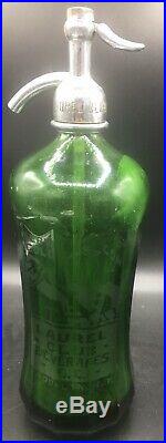 Laurel Club Beverages Bellhop Bklyn, N. Y. 12 Sided Faceted Green Seltzer Bottle