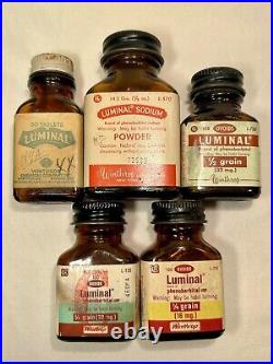 Lot of 5 Winthrop Labs Luminal Narcotic Bottles Amber Poison Rare NY USA VTG