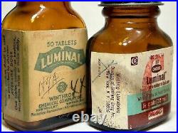 Lot of 5 Winthrop Labs Luminal Narcotic Bottles Amber Poison Rare NY USA VTG