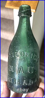 NICE GREEN IRON PONTIL SODA BOTTLE FRIEDRICH RAU PHILADELPHIA 1850s ERA DUG L@@K