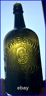Nice Olive Green Clarke & White Saratoga Bottle New York 1870's Era Clean L@@k