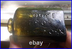 OPEN PONTIL E. ROOME TROY NEW YORK OLIVE GREEN 1840s SNUFF BOTTLE ATTIC FIND