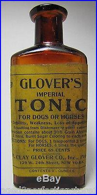 Orig 1920's Glover's Imperial Tonic Dog & Horse Medicene Amber Bottle w Label NY