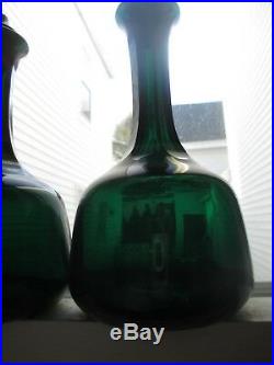 PAIR Emerald Green Glass Barber Bottles pontil blown 7.5 Lockport NY c1880s