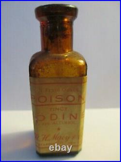 POISON Bottle TINCT IODINE Skull & Crossbones 3 1/4 R. H. Macy 34th St New York
