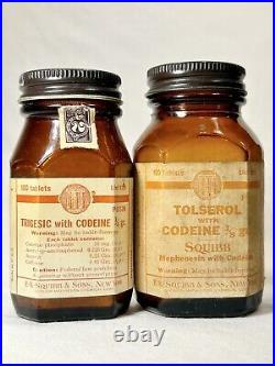 Pair of Codeine Advertising Rare Medicine Bottles Amber Paper Label ER Squibb NY
