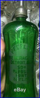 Peerless Antique DETROIT New York Seltzer Green Etched Glass Bottle Czech