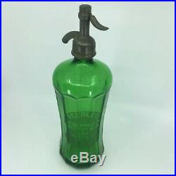 Peerless Antique DETROIT New York Seltzer Green Etched Glass Bottle Czech