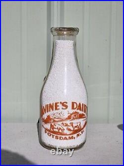 Quart Pyro WWll Era Lavines Farm Dairy Potsdam NY New York Milk Bottle