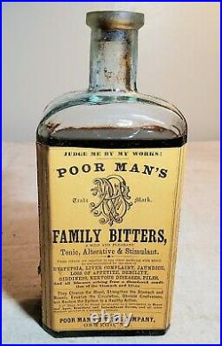 RARE 1870 POOR MAN'S FAMILY BITTERS EMBOSSED MEDICINE BOTTLE with LABEL OSWEGO, NY