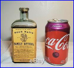 RARE 1870 POOR MAN'S FAMILY BITTERS EMBOSSED MEDICINE BOTTLE with LABEL OSWEGO, NY