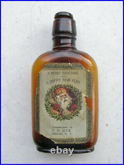 RARE ANTIQUE A MERRY CHRISTMAS WHISKEY BOTTLE SANTA LABEL BELSNICKEL Greene NY