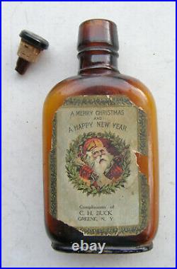 RARE ANTIQUE A MERRY CHRISTMAS WHISKEY BOTTLE SANTA LABEL BELSNICKEL Greene NY