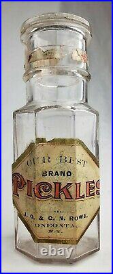 RARE Antique Oneonta NY Pickle Bottle Jar J. O. & G. N. Rowe Grocers Label Vintage
