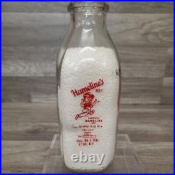 RARE HAMELINE'S MILK Quart Glass Milk Bottle UTICA, N. Y. Happy Hameline SEZ