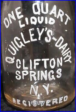 Rare 1930s Embossed Quart Milk Bottle Quigley's Dairy Clifton Springs New York