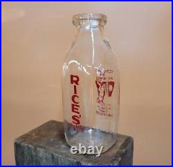 Rare ANTIQUE Glass Milk Bottle RICE'S DAIRY & CREAM. LAKE LUZERNE, NY 1QT? USA