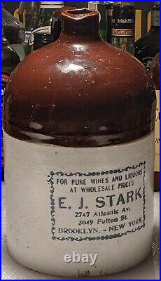 Rare Antique Stoneware WHISKEY Jug bottle BROOKLYN NEW YORK Advertising EJ STARK