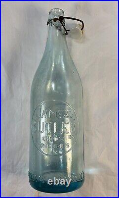 Rare James Butler 28 Oz Aqua Blue Bottle w Stopper c1882 New York Irish Merchant