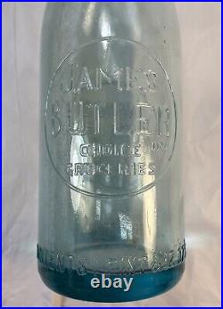 Rare James Butler 28 Oz Aqua Blue Bottle w Stopper c1882 New York Irish Merchant