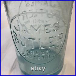 Rare James Butler 28 Oz Aqua Blue Bottle w Stopper c1882 New York Irish Merchant