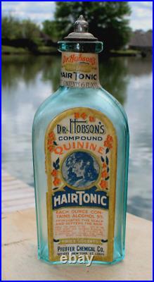 Rare Original Blue Dr. Hobson's Hair Tonic 6 Oz Bottle New York, St Louis