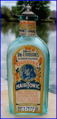 Rare Original Blue Dr. Hobson's Hair Tonic 6 Oz Bottle New York, St Louis