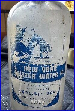 Rare Original Frosted Glass New York Seltzer Water Bottle Detroit, Michigan