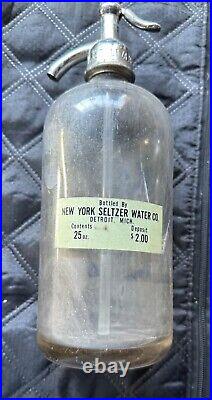 Rare Original Frosted Glass New York Seltzer Water Bottle Detroit, Michigan