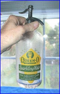 Rare Queen-O Logo Sol Lenzner Green/Yellow Seltzer Bottle Buffalo, New York