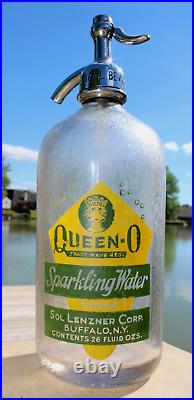 Rare Queen-O Logo Sol Lenzner Green/Yellow Seltzer Bottle Buffalo, New York