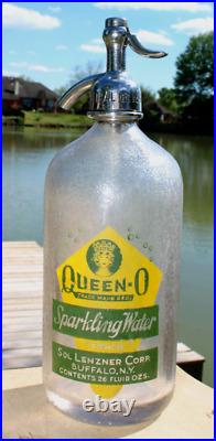 Rare Queen-O Logo Sol Lenzner Green/Yellow Seltzer Bottle Buffalo, New York