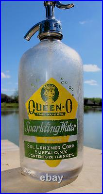 Rare Queen-O Logo Sol Lenzner Green/Yellow Seltzer Bottle Buffalo, New York