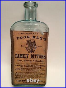 SCARCE EARLY LABEL 1870s Poor Mans Family Bitters Oswego, NY Medicine Cure Bottle