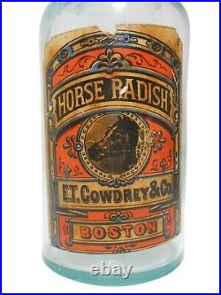 SET 3 HORSE RADISH GLASS BOTTLES WithPAPER LABELS E T COWDREY BOSTON/ W H COHEN NY