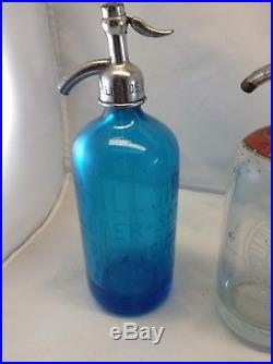 Seltzer Bottle Lot (3) Blue, Clear, and Blue NY area vintage glass Bottles