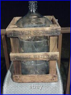 Silver Springs Water & Cooler NY Embossed 5 GAL Glass Water Bottle & Wood Crate