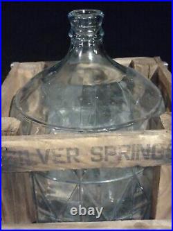 Silver Springs Water & Cooler NY Embossed 5 GAL Glass Water Bottle & Wood Crate