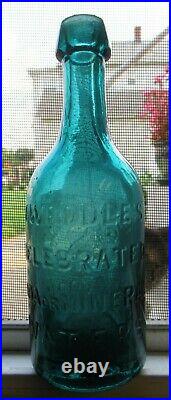 Teal Green Tweddle's 38 Courtland St. Iron Pontil Blob Top NY City Soda Bottle