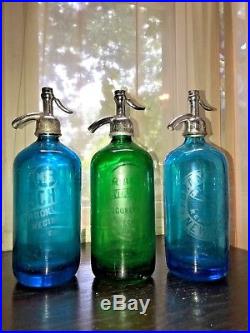 Trio Of Colorful Blue And Green Antique Seltzer Bottles From Brooklyn Ny And Ne