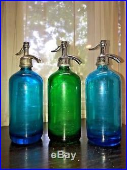 Trio Of Colorful Blue And Green Antique Seltzer Bottles From Brooklyn Ny And Ne