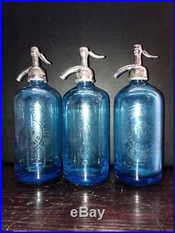 Trio Of Medium Blue Antique Seltzer Bottles From Brooklyn Ny And New York