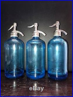 Trio Of Medium Blue Antique Seltzer Bottles From Brooklyn Ny And New York