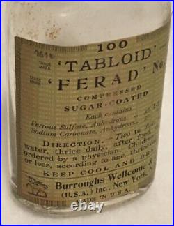 VINTAGE MEDICINE BOTTLE Burroughs Welcome & Co. New York Ferad No. 1