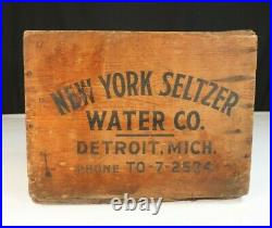 VTG Antique New York Seltzer Bottle Crate Wooden Storage Box Detroit, Mich