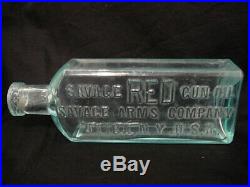 Very Rare Antique Vintage Savage Arms Red Gun Oil Aqua Tinted Bottle Utica Ny