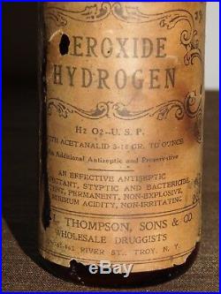 Vintage 6 1/4 High Peroxide Hydrogen Troy Ny Paper Label Medicine Bottle